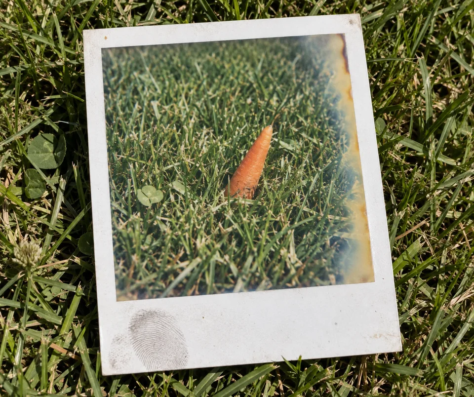 Instant photo of a snowman, developed in July