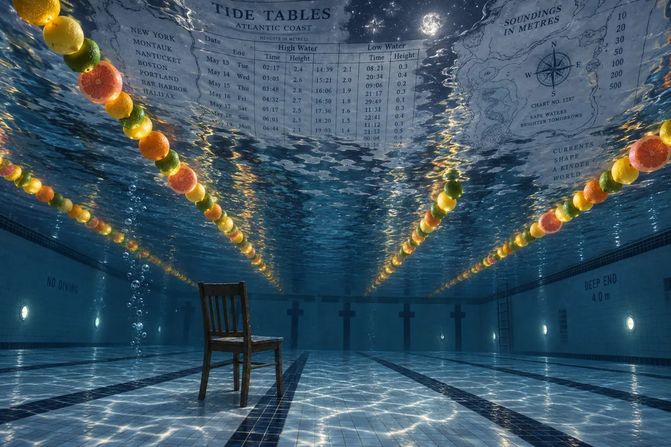 Lane ropes of citrus, empty chair on the floor