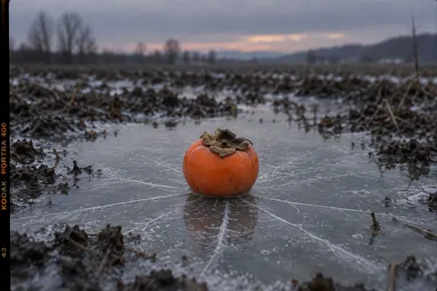 Persimmon on a Frozen Puddle