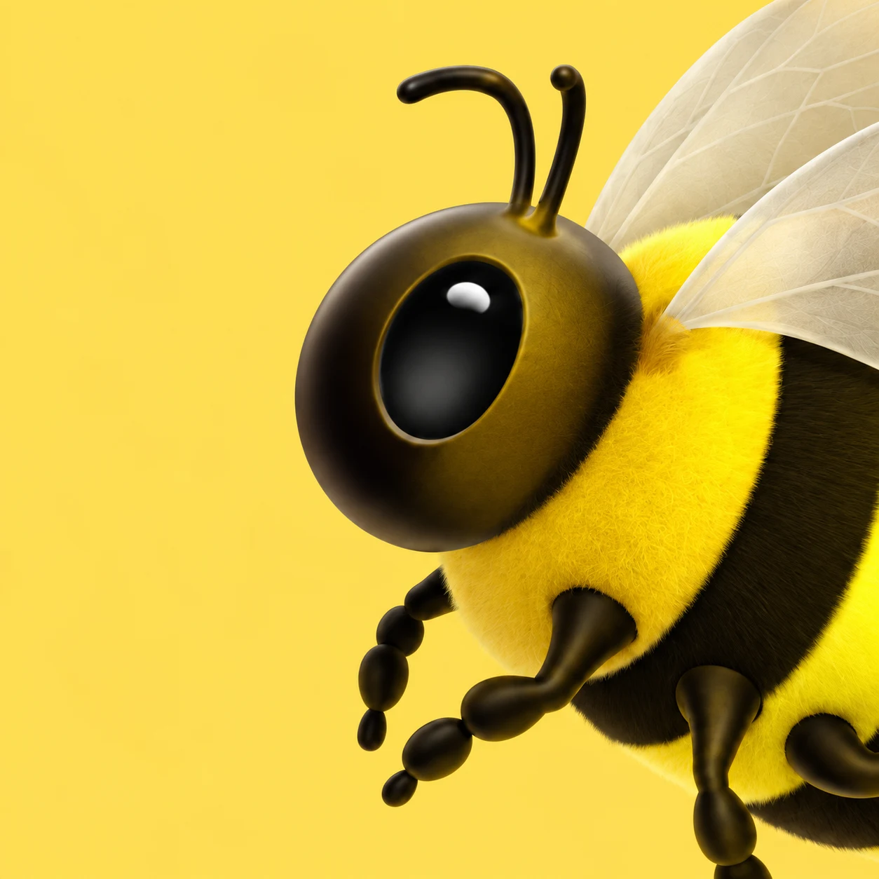 A close-up of the swarm’s yellow and black bee, with delicate translucent wings.